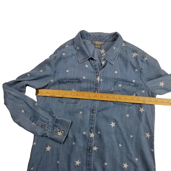 Natural Reflections Button Up Chambray Shirt Womens Sz M Star Print Blue Lyocell - Picture 6 of 14